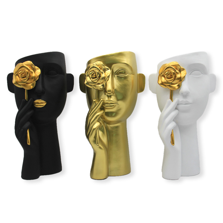 Modern Beautiful Floral Vase Resin Anadem Girl Head Golden Flower Vase for Home Office Decoration