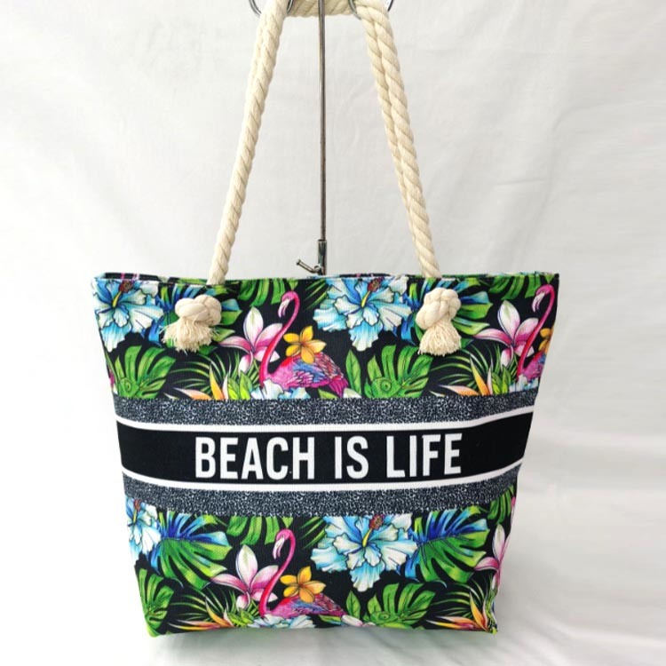 Custom Logo Printing Large Canvas Women Summer Tropical Floral Beach Bag