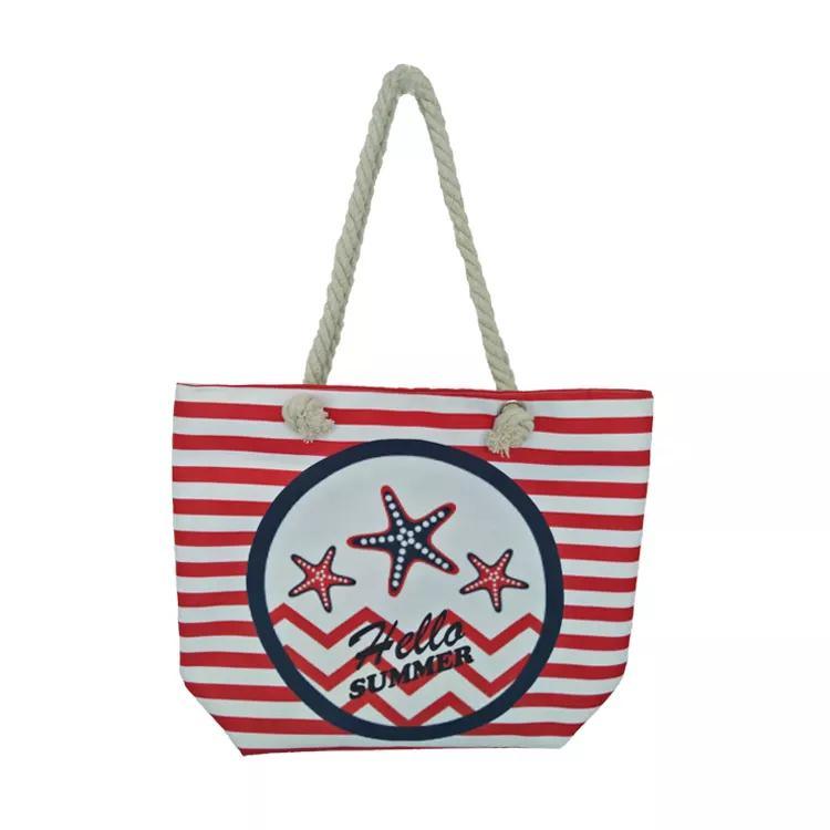 Custom Logo Women Beach Tote Bags Canvas Large Striped Beach Bag