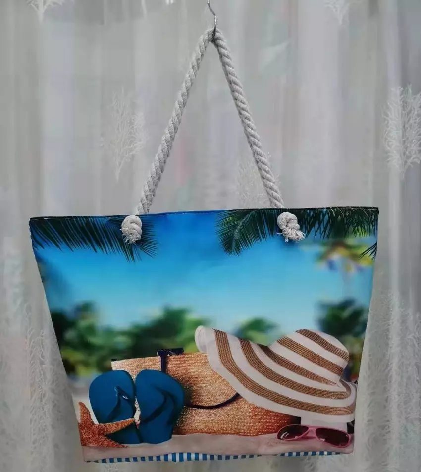 Customized Digital Printing Canvas Lady Leisure Vacation Tourist Souvenir Beach Shell Tote Bag