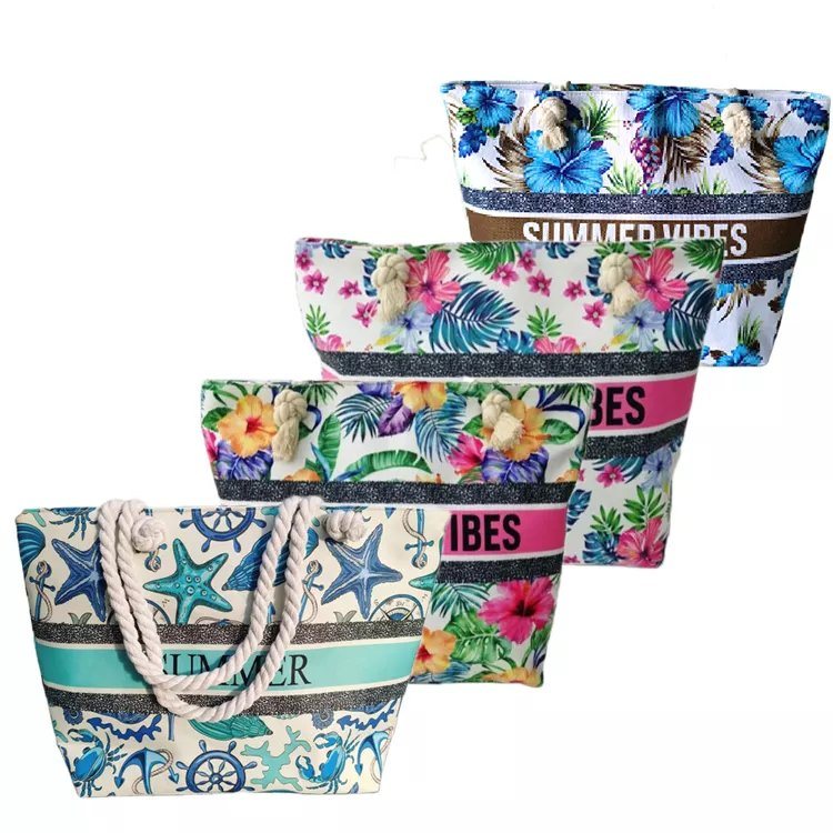 2023 Women Canvas Summer Tropical Floral Printed Beach Tote Bag Rope Handle