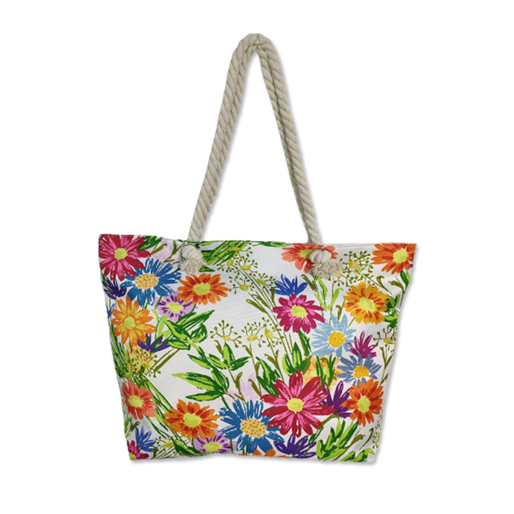 Custom Printing Casual Summer Canvas Flower Leaf Patterned Beach Tote Bag