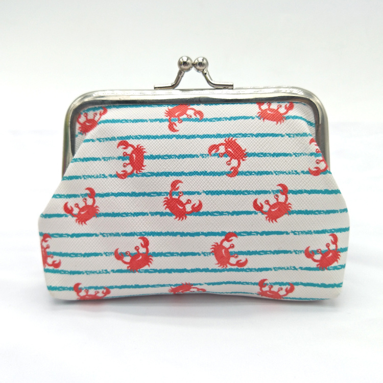 Nautical Crab Printed Souvenir Gift PU Leather Striped Coin Purse