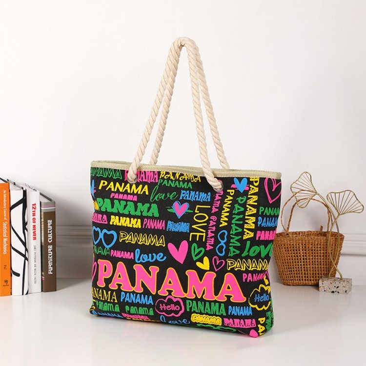 New Panama Printed Letter Canvas Large Capacity Beach Bag Custom Logo Personalized Cotton Rope Tote Bag