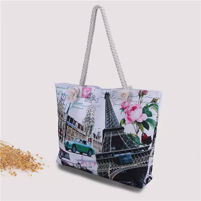 Custom Printed Cotton Canvas Zipper Travel Souvenir Paris Tote Bag