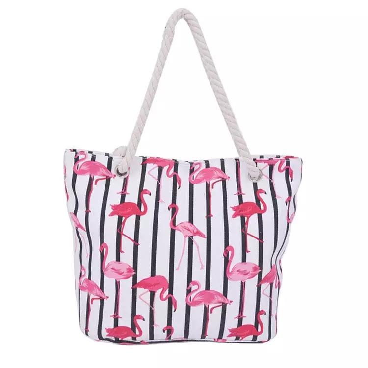 Custom Logo Flamingo Printing Canvas Summer Vacation Tourist Souvenir Beach Tote Bag