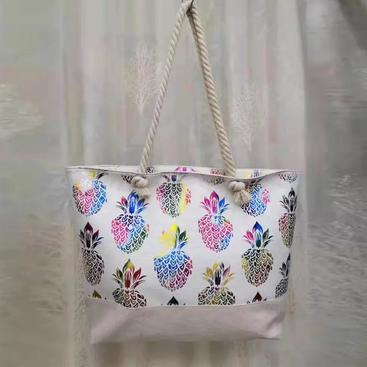 Wholesale Custom Flamingo Ladies Canvas Handbag Golden Printing Beach Bag