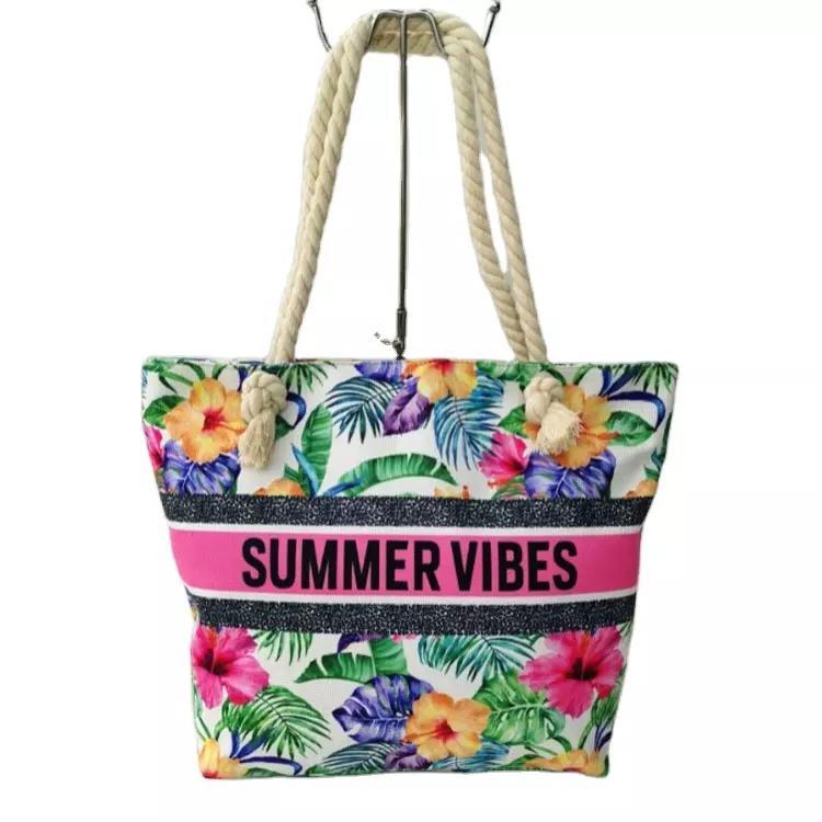 2023 Women Canvas Summer Tropical Floral Printed Beach Tote Bag Rope Handle