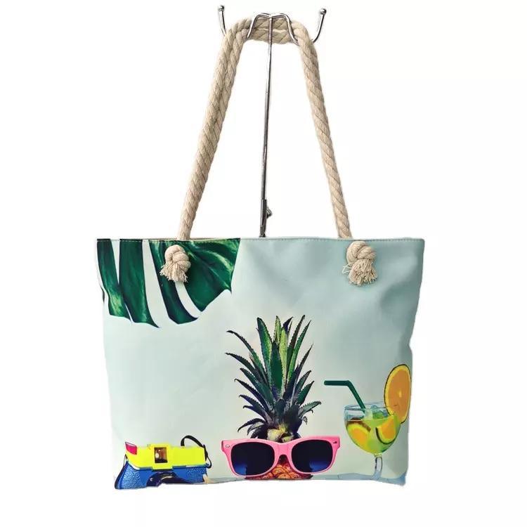 New Summer Beach Tote Bags Women Hand Bags Large Canvas Zipper Beach Bag with Cotton Rope Handle