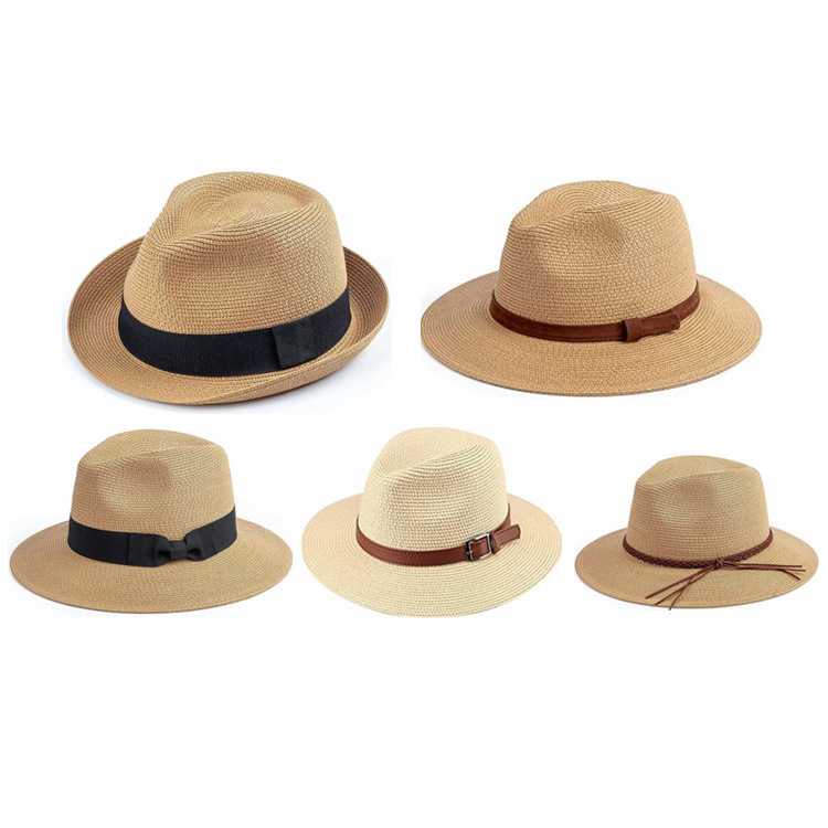 Wholesale Outdoor Beach Sunshade Straw Fedora Hat Paper Straw Hat with Leather Decor