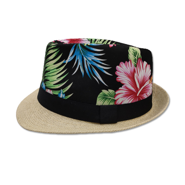 Wholesale Outdoor Beach Summer Men Straw Floral Hat Custom Logo Fedora Hat