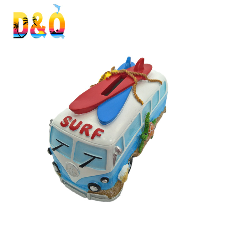 Customized Beach Bus Car Shape Resin Coin Bank for Kids