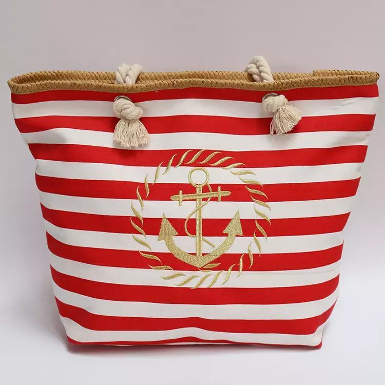 Customized Printd Logo Blue White Striped Nautical Anchor Beach Bags