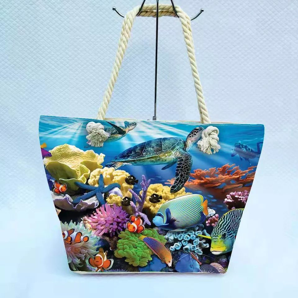 Factory Wholesale Canvas Travel Beach Vacation Hand Bag Sea Life Turtle Tropical Beach Bag