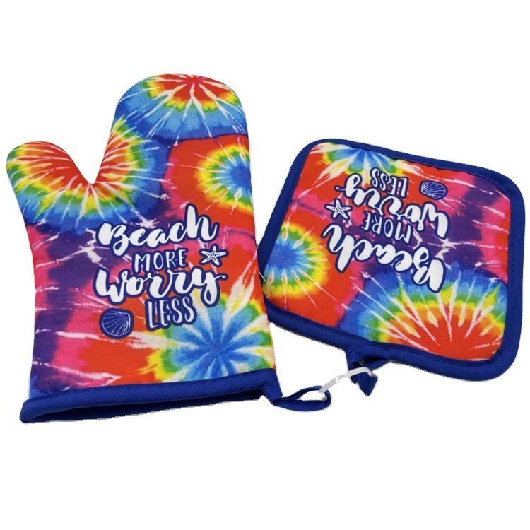 Custom Logo Printed Kitchen Heat Resistant Cotton Oven Mitts and Pot Holders Sets