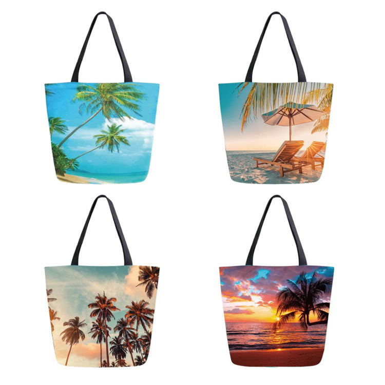 Custom Printing Canvas Tropical Palm Tree Summer Sunset Beach View Souvenir Tote Bag