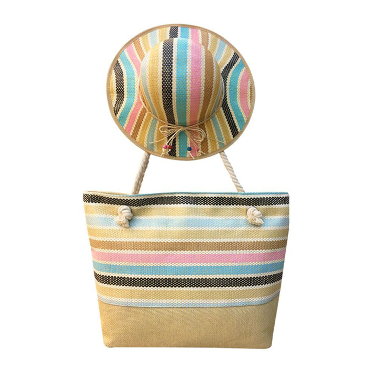 Wholesale Customized Printing Women Summer Jute Straw Beach Tote Bag with Straw Hat