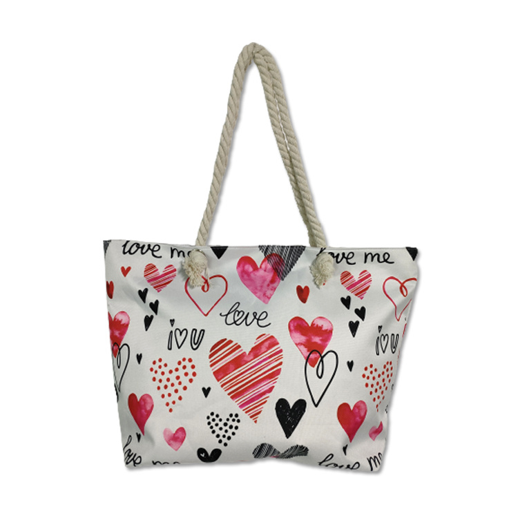 Wholesale Custom Cotton Canvas Cute Love Heart Patterned Beach Tote Bag for Girl