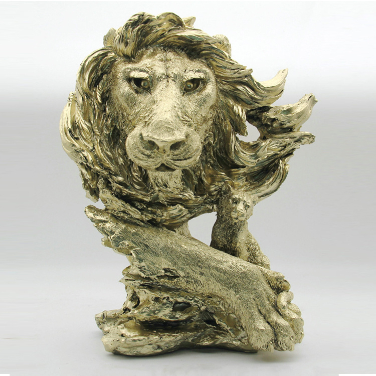 Home Decoration Golden Resin Animal Head Sculpture Lion Statue