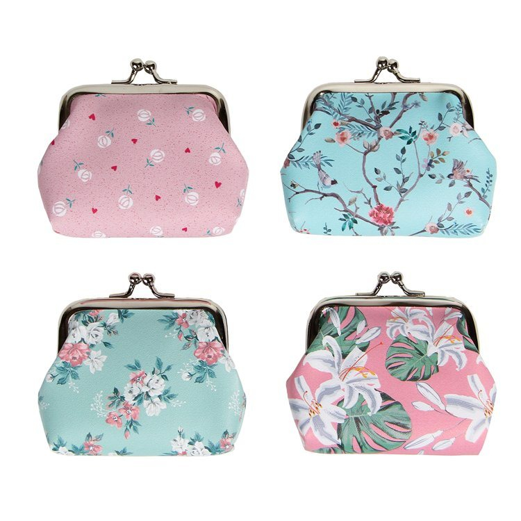 Custom Printed PU Leather Coin Pouch Floral Flower Design Small Clasp Coin Purse for Women