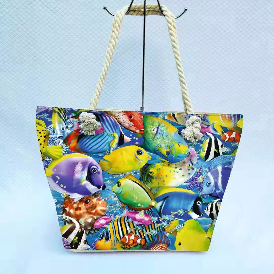 Factory Wholesale Canvas Travel Beach Vacation Hand Bag Sea Life Turtle Tropical Beach Bag