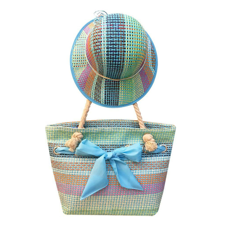 Wholesale Customized Printing Women Summer Jute Straw Beach Tote Bag with Straw Hat