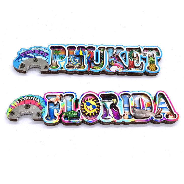 Custom Letter Shape Beach Souvenir Wood Bottle Opener Magnet Florida