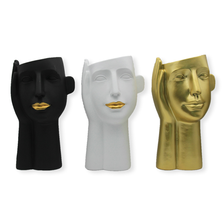 Nordic Modern Abstract Human Body Face Flower Case Resin Gold Vase Home Decor