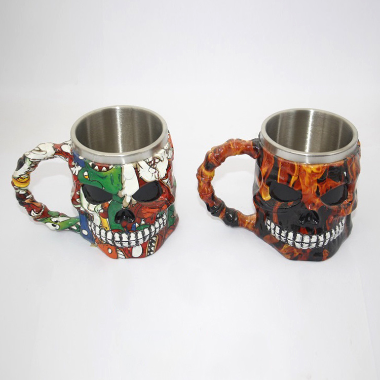 Stainless Steel Retro Skull Resin Beer Mug Skull Halloween Decorative Mug