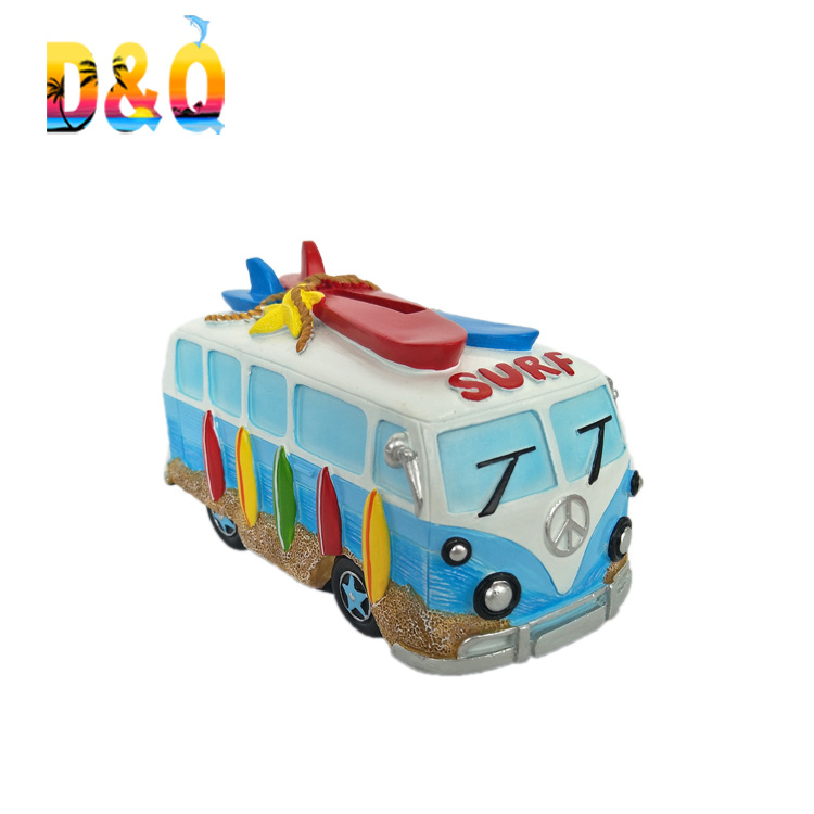 Customized Beach Bus Car Shape Resin Coin Bank for Kids