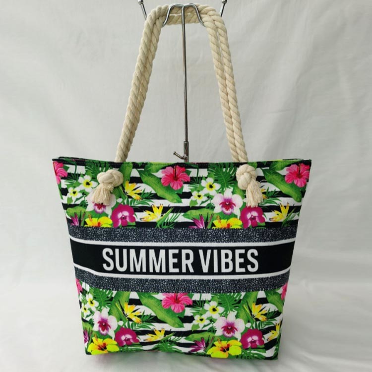 Custom Logo Printing Large Canvas Women Summer Tropical Floral Beach Bag