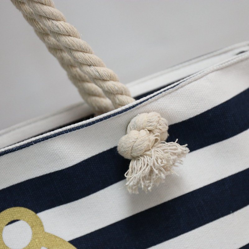 Customized Printd Logo Blue White Striped Nautical Anchor Beach Bags