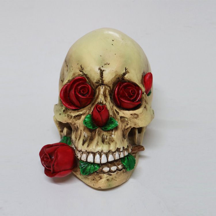 Factory Wholesale Creative Halloween Gift Rose Skull Head Resin Skull Statue for Home Decor