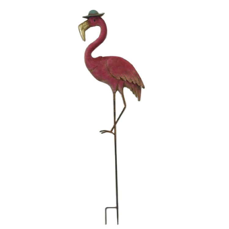 Outdoor Garden Decoration Metal Animal Stake Pink Art Flamingo Yard Ornament