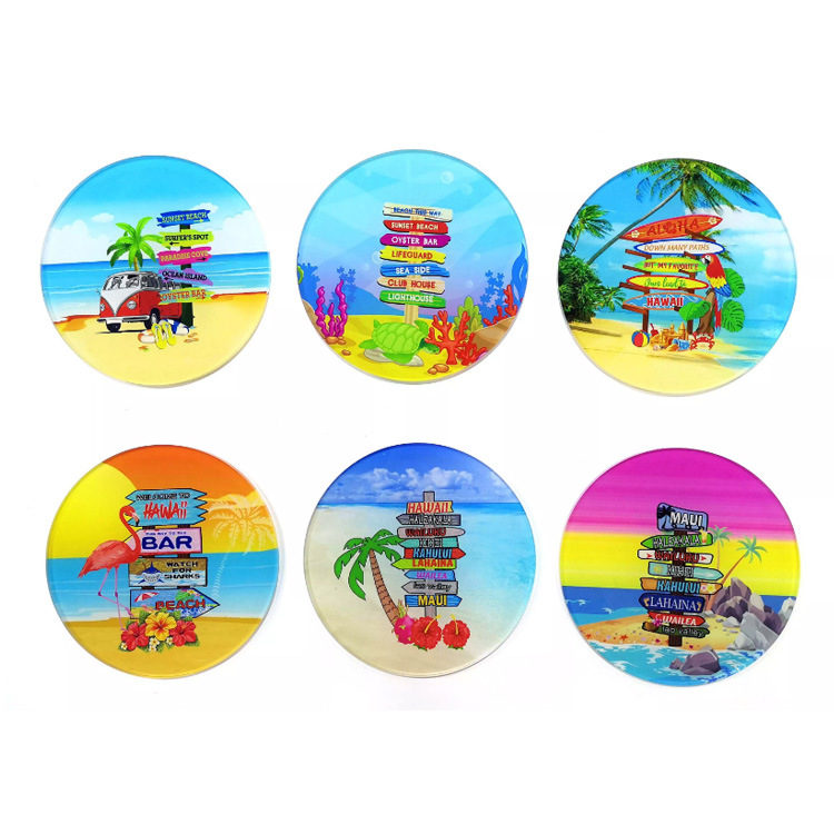 Custom Printing Beach Themed Clear Glass Souvenir Coasters