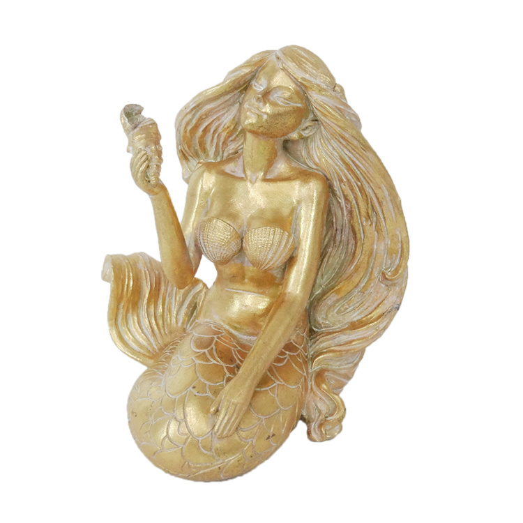 Quanzhou Factory Handmade Gold Resin Mermaid Statue for Home Decoration