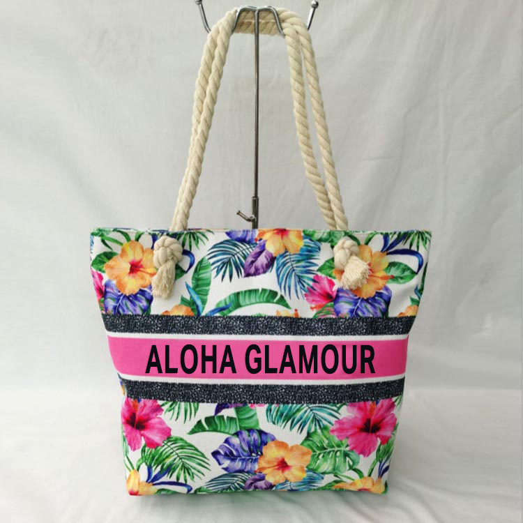 Custom Logo Printing Large Canvas Women Summer Tropical Floral Beach Bag