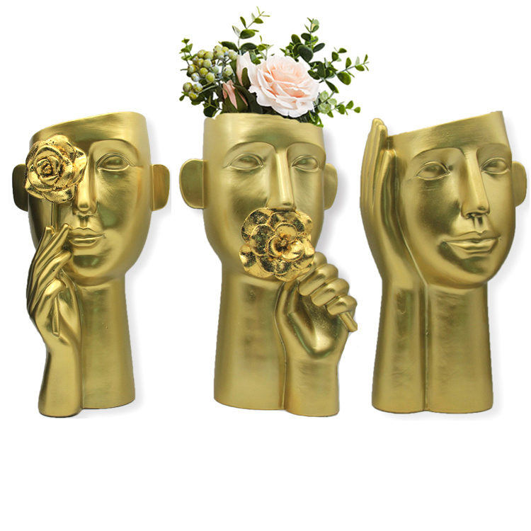 Nordic Modern Abstract Human Body Face Flower Case Resin Gold Vase Home Decor