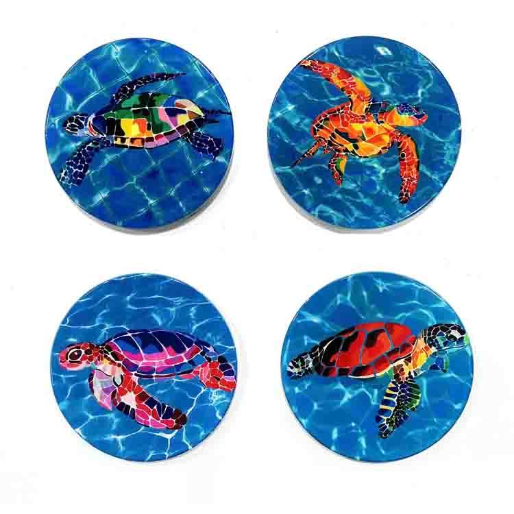 Ceramic Absorbent Coasters Ocean Theme Sea Turtle Coaster for Drinks with Vibrant Colors and Cork Backing