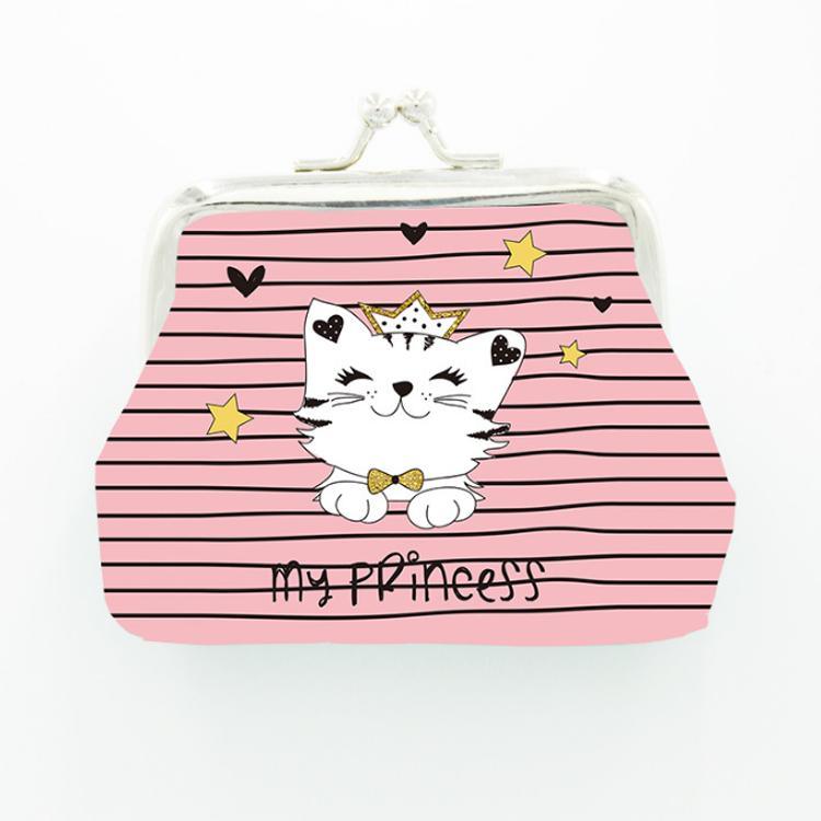 Custom PU Leather Clip Girls Cartoon Cute Cat Coin Purse for Promotion Gift