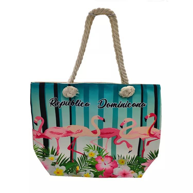 Custom Logo Flamingo Printing Canvas Summer Vacation Tourist Souvenir Beach Tote Bag