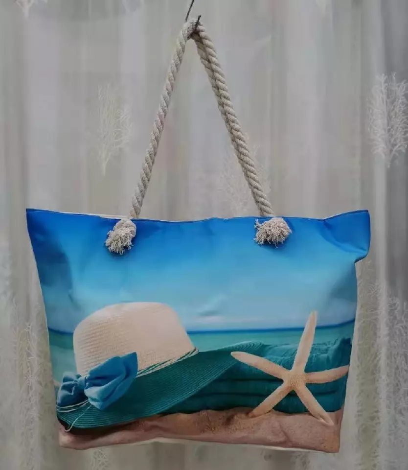 Customized Digital Printing Canvas Lady Leisure Vacation Tourist Souvenir Beach Shell Tote Bag