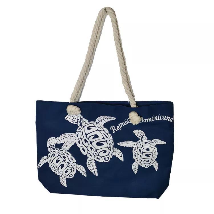 Custom Turtle Sea Printed Canvas Beach Tote Bag Women Summer Beach Bag Cotton Rope Handbag