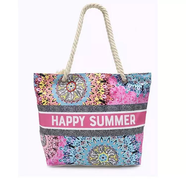 2023 Women Canvas Summer Tropical Floral Printed Beach Tote Bag Rope Handle