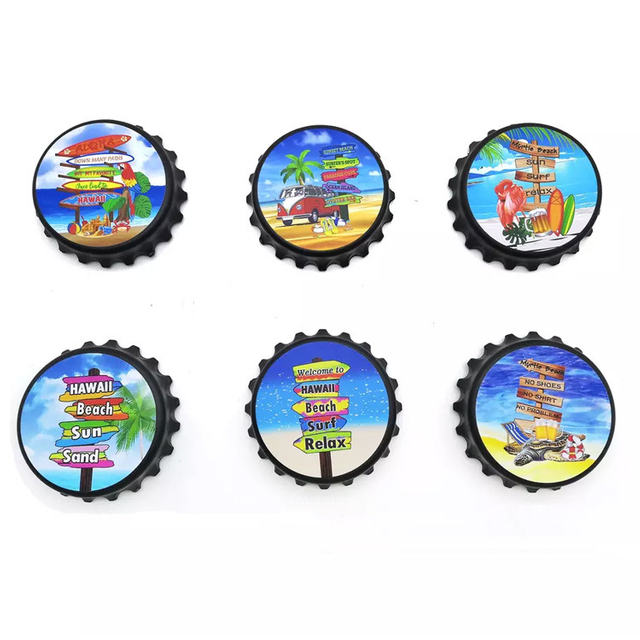 Customized Beach Souvenir Design Bottle Cap Shape Round Fridge Magnet Bottle Opener
