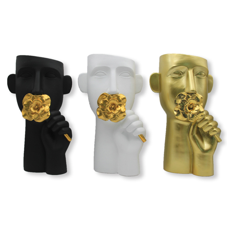 Nordic Modern Abstract Human Body Face Flower Case Resin Gold Vase Home Decor