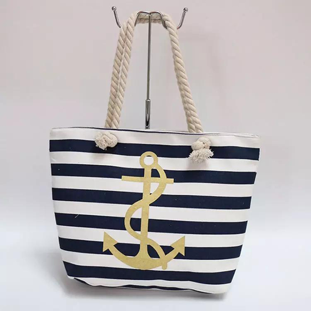 Customized Printd Logo Blue White Striped Nautical Anchor Beach Bags