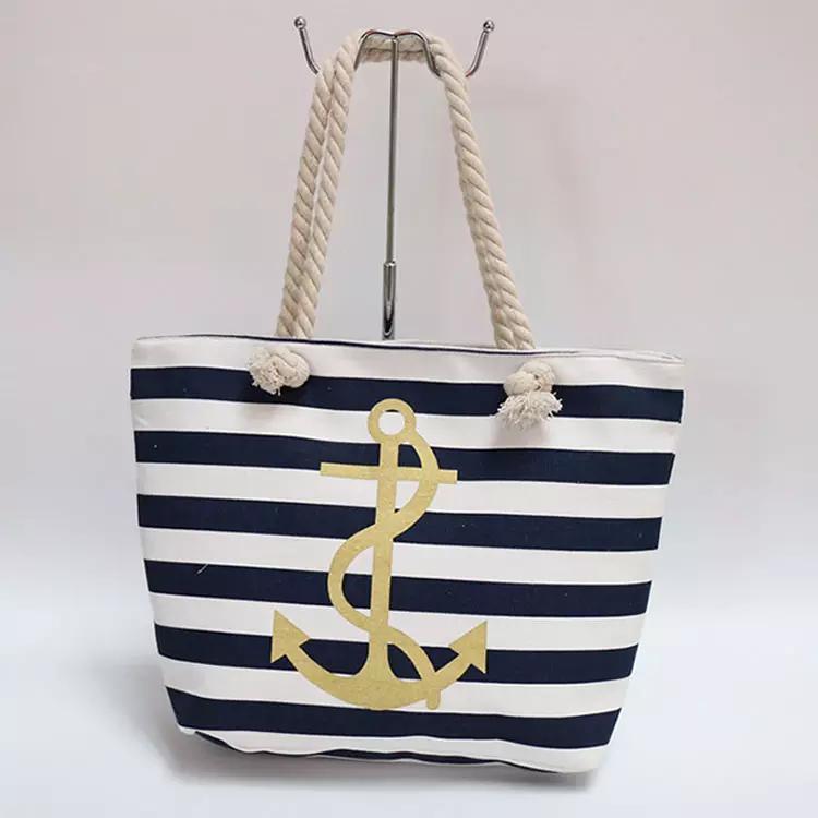 Customized Printd Logo Blue White Striped Nautical Anchor Beach Bags