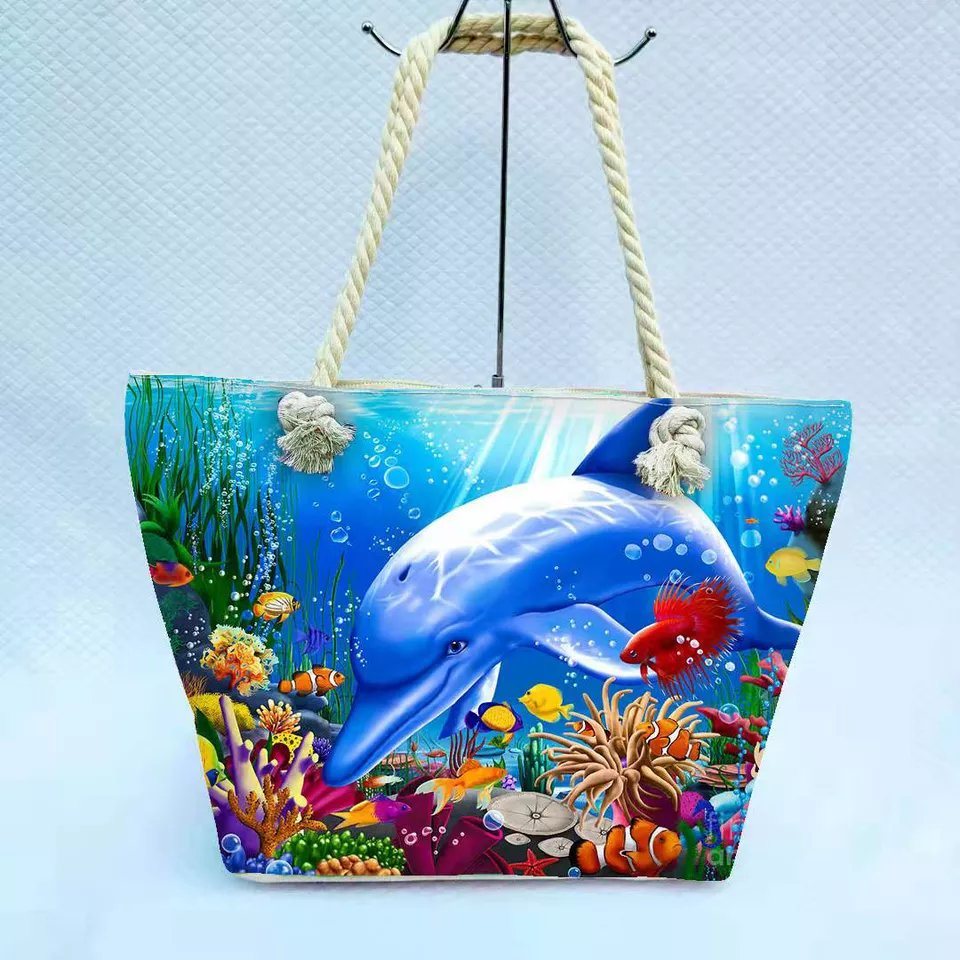 Wholesale Digital Print Beach Tote Bag Customized Logo Beach Series Cotton Rope Beach Bag