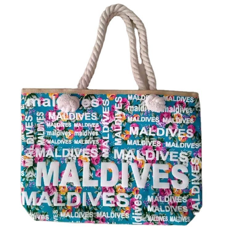 Beach Souvenir Canvas Custom Logo Tropical Tote Beach Bag Manufacturer